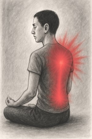 Meditator sitting focusing on breath and pain (suffering) in back.