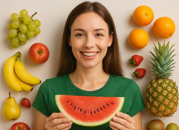 Girl surrounded by assortment of fruits.