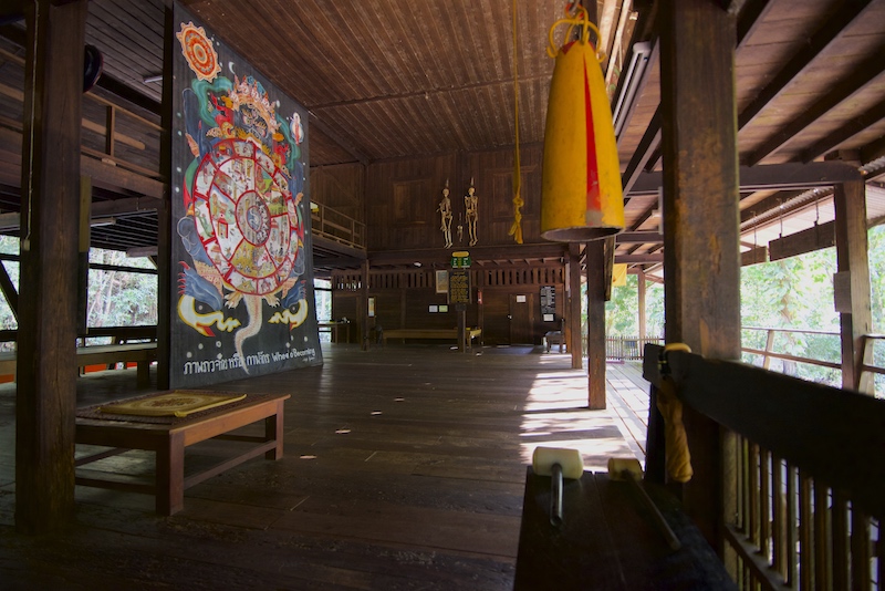 Large painting of the Buddhist Wheel of Becoming at a building located on the grounds of the famous Buddhist temple, Wat Suan Mokkh in Chaiya, Thailand.