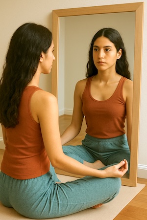 Woman meditating by staring into mirror.