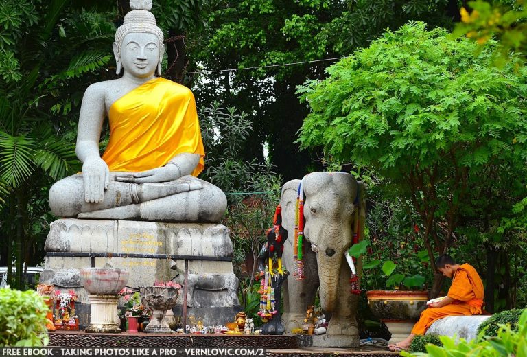 A white elephant by Buddha meditating in a Buddhist temple in Thailand.