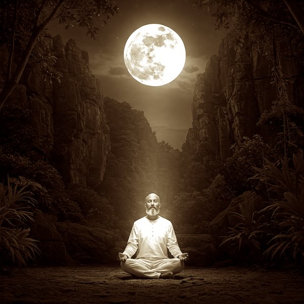 A man meditating under towering limestone cliffs during a full moon night.