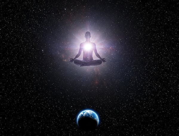 A Jhana meditator floating through space above the earth.