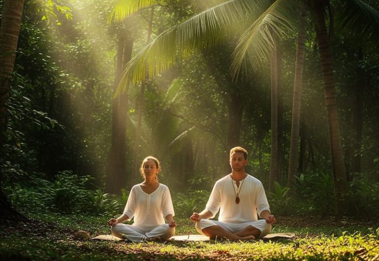 Man and woman meditating in Deep Jhana in middle of tropical rainforest in Southeast Asia.