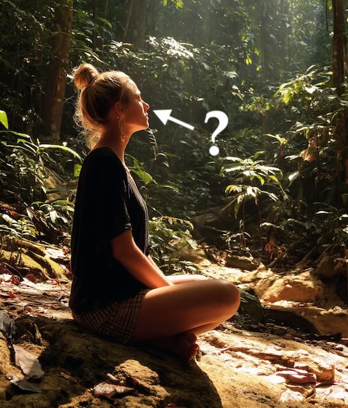 Woman meditating in forest with question mark by nose.