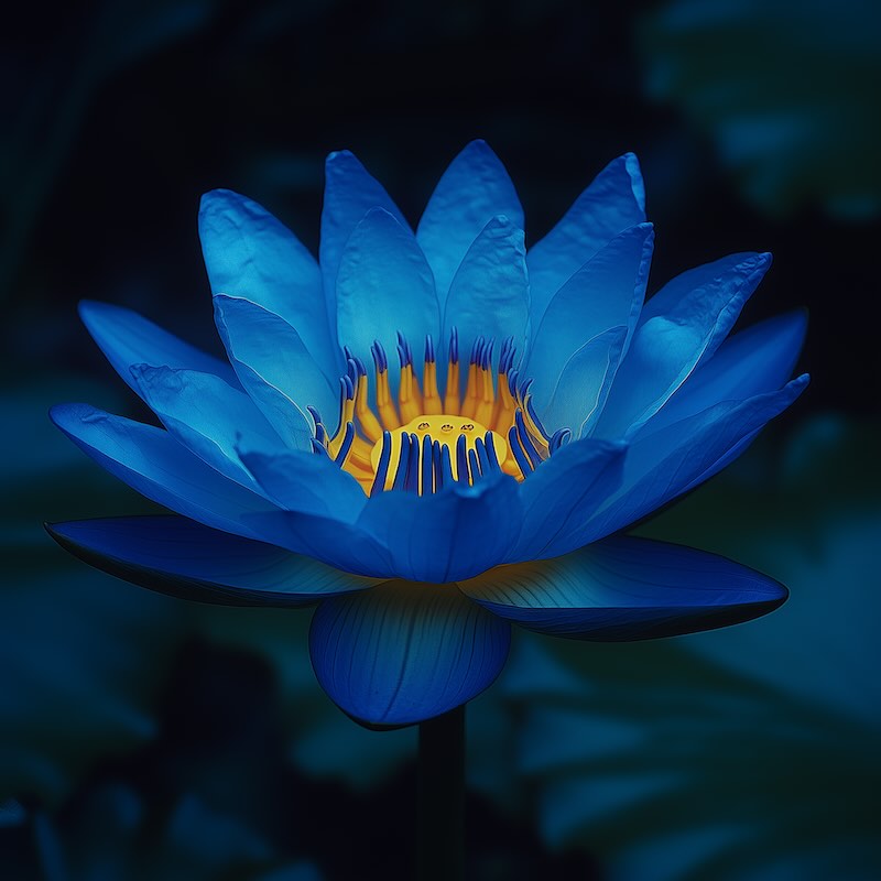 A bright blue lotus flower with yellow interior glowing against a black background.