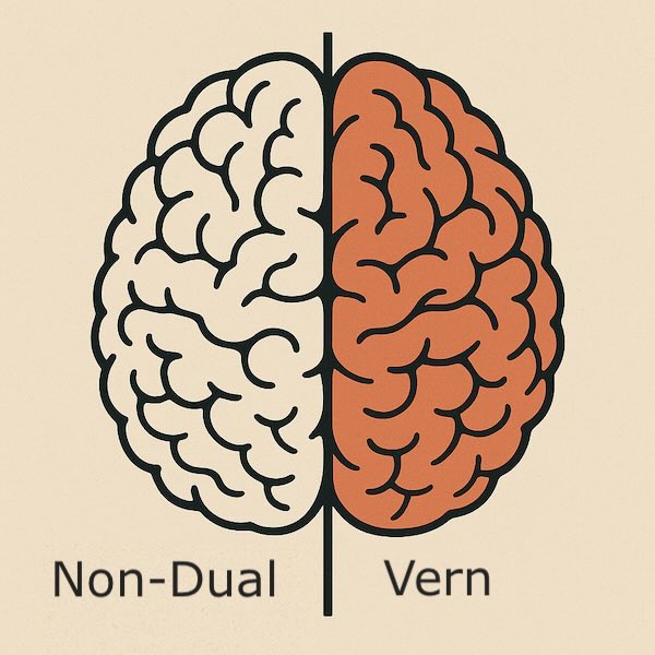Two halves of a human brain, one labeled Non-Dual and one labeled Vern.