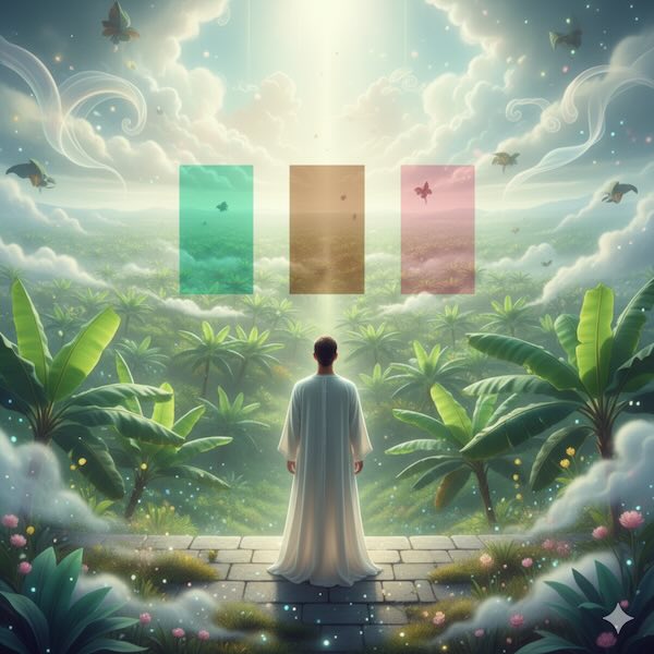 Man looking at banana plants in non-dual awareness without filters of the mind.