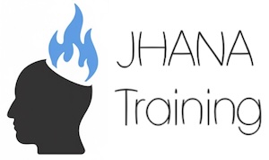 Jhana Training logo with a man with his head on blue fire - cool and slowly burning away ego.