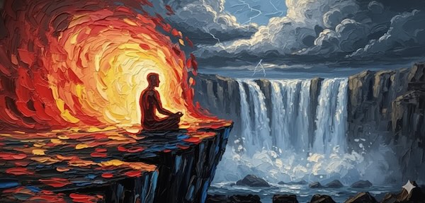 Meditator on edge of awakening - enlightenment.