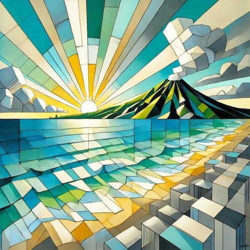 Cubist art of Hawaii beach and ocean with Diamond Head Volcano in the background.