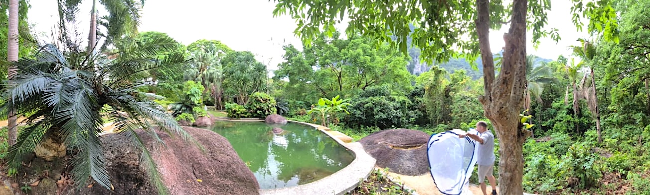 Pool meditation session - setting up individual meditation tents at Phanom Bencha Mountain Resort in Krabi.
