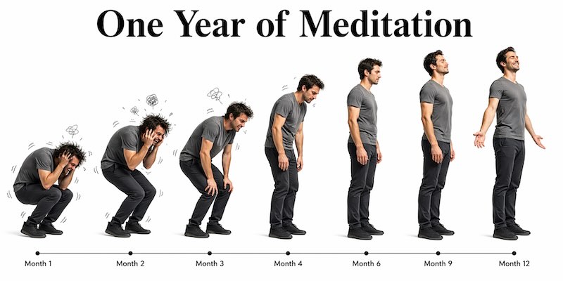 One year of meditation can change your life - man going from stressed state to peaceful mind in one year.