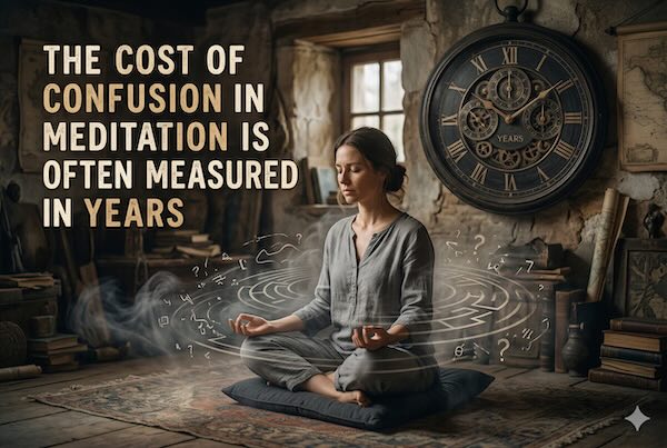 The cost of meditation confusion is often measured in years (woman meditating on floor and growing old)